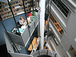 Uni Tobler/Bibliothek/von oben auf verschiedene Etagen/Frau am Lernen