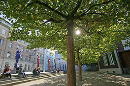 Uni Tobler/Innenho mit Kunst/Bäume/Sommer/Studenten sitzen auf Treppe