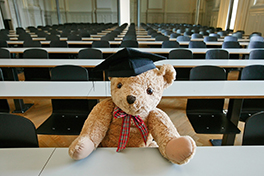 Anlass/Kinderuni/Teddy mit Doktorhut sitzt in Aula Hörsaal